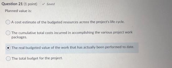Question 21 (1 point) Saved Planned value is: O A