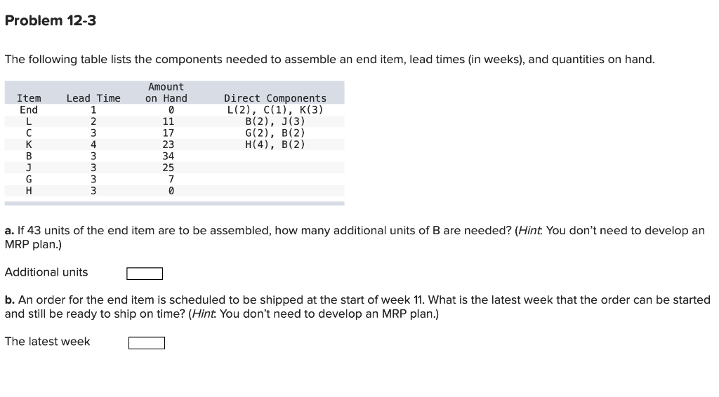 Problem 12-3 The following table lists the