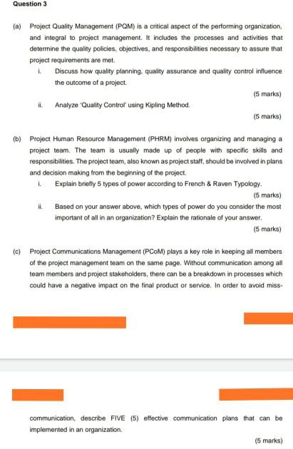 Question 3 (a) Project Quality Management (POM)