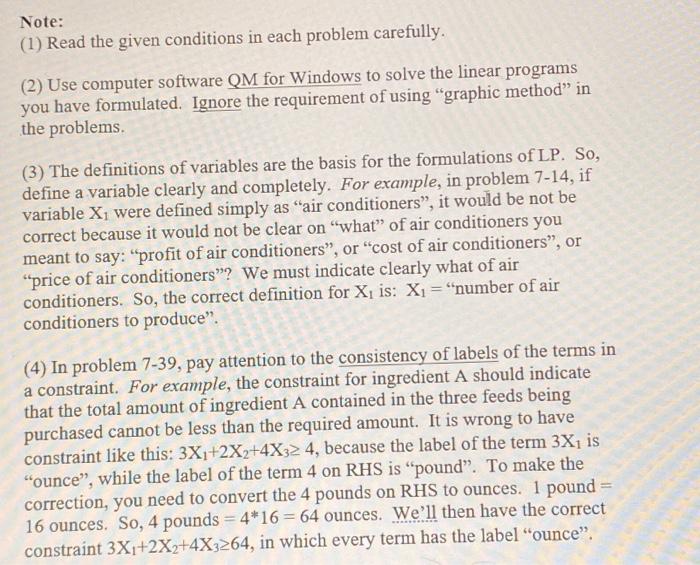 Note: (1) Read the given conditions in each