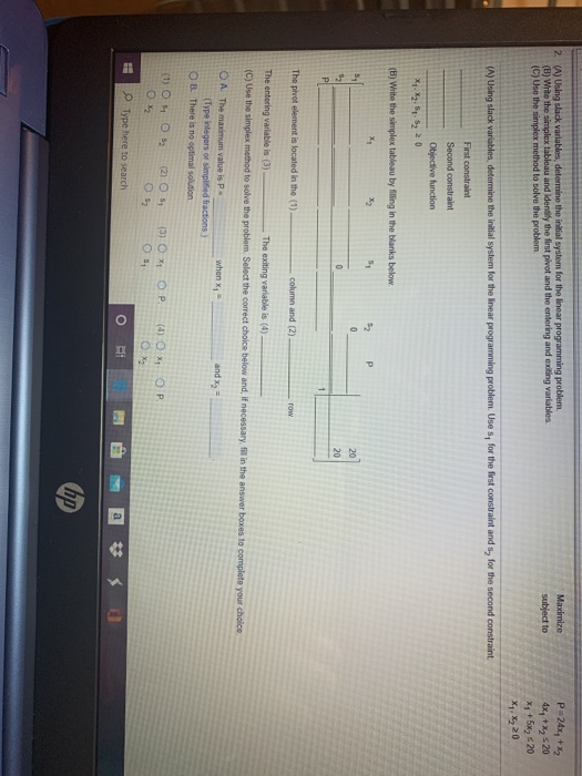 2. (A) Using slack variables, determine the