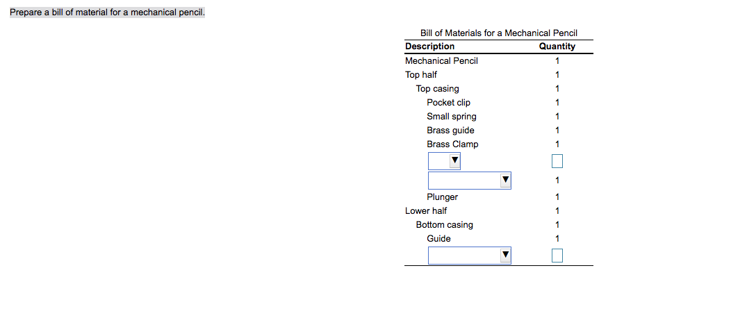 Prepare a bill of material for a mechanical