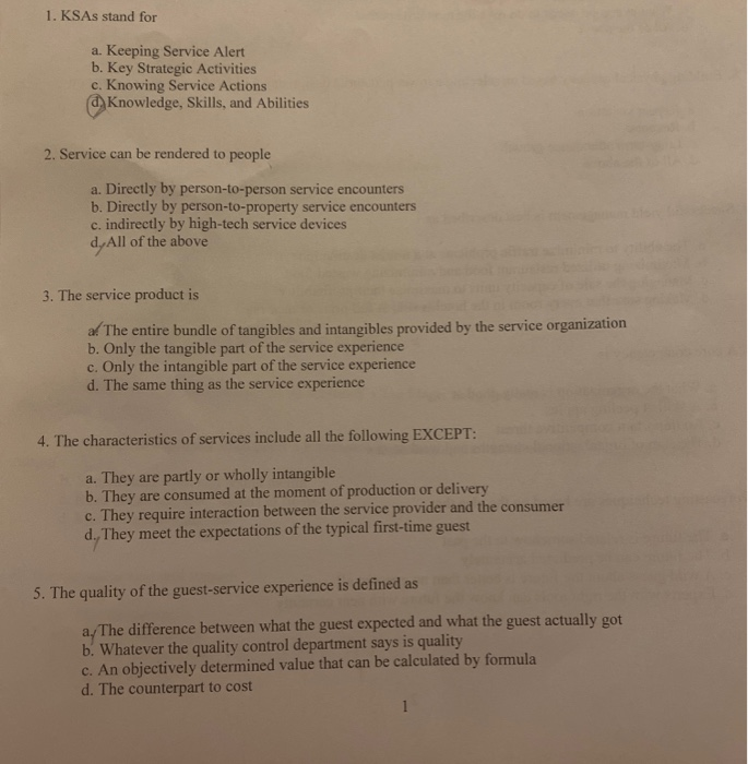 1. KSAs stand for a. Keeping Service Alert b. Key