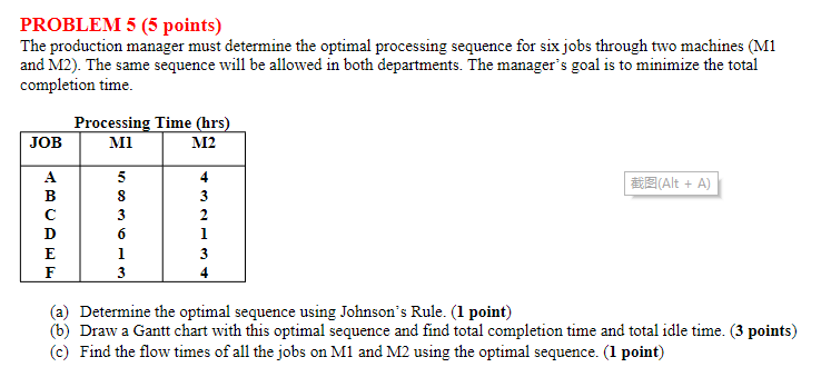 PROBLEM 5 (5 points) The production manager must