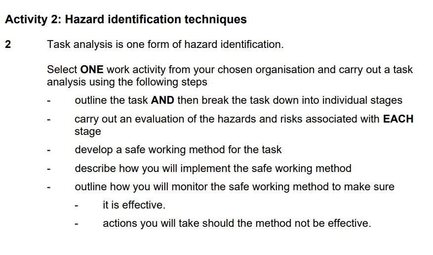 ctivity 2: Hazard identification techniques Task