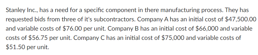 Stanley Inc., has a need for a specific component