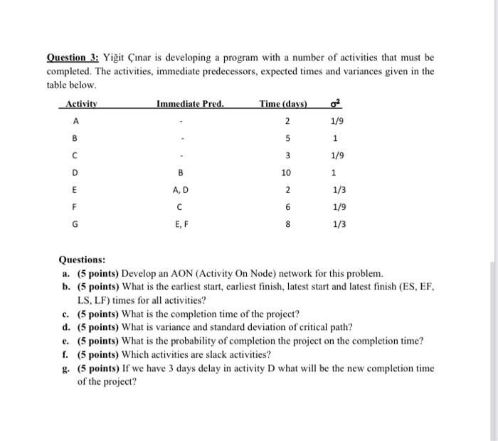 Question 3: Yiit nar is developing a program with