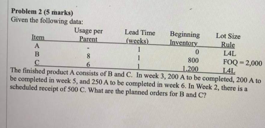 Problem 2 (6 marks) Given the following data: