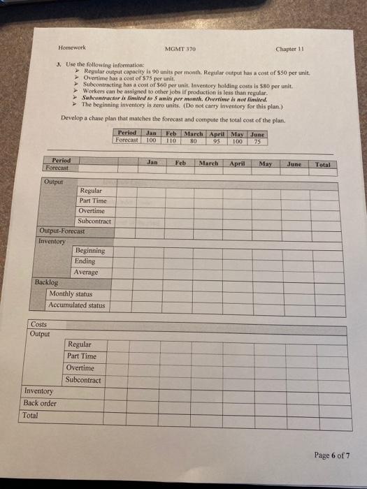 Homework MGMT 370 Chapter 11 3. Use the following