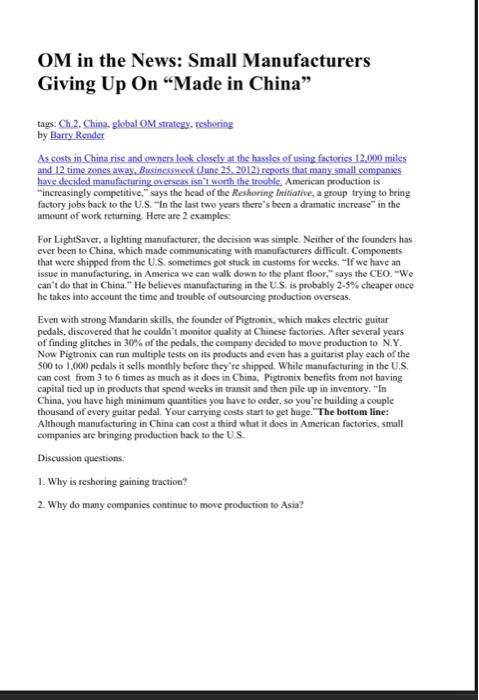 OM in the News: Small Manufacturers Giving Up On