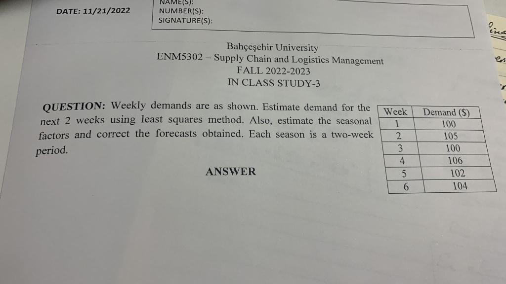 Baheehir University ENM5302 - Supply Chain and