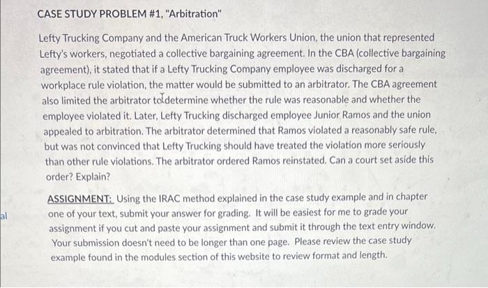 CASE STUDY PROBLEM #1, "Arbitration" Lefty