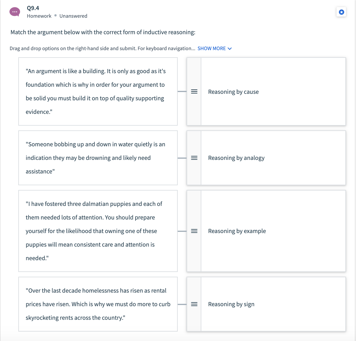 Q9.4 Homework.Unanswered Match the argument below