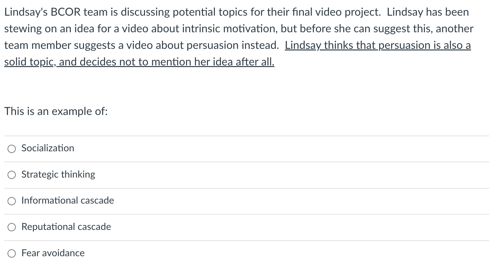 Lindsay's BCOR team is discussing potential