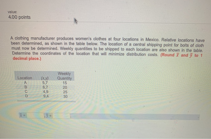 value: 4.00 points A clothing manufacturer