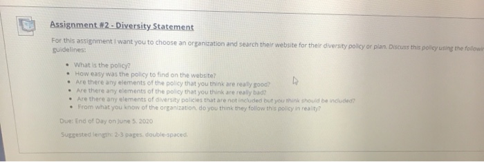Assignment #2 - Diversity Statement For this