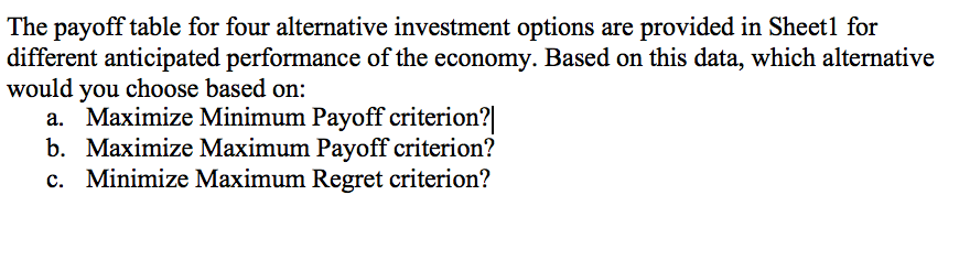 The payoff table for four alternative investment