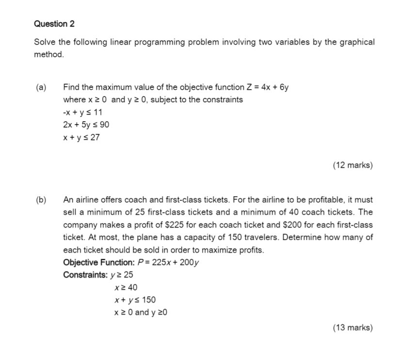 Question 2 Solve the following linear programming