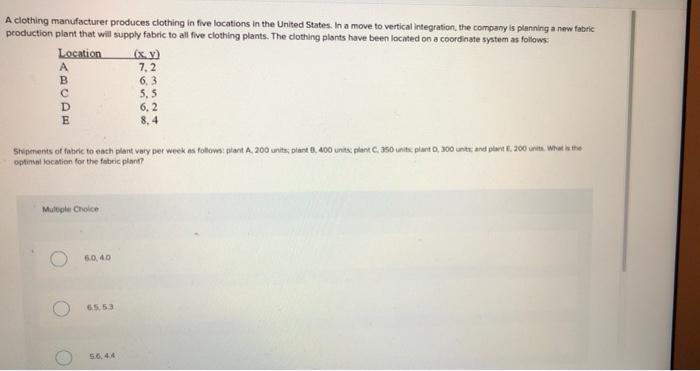 A clothing manufacturer produces clothing in five