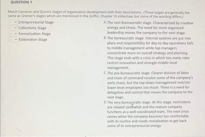 QUESTION 1 Match Cameron and Quinn's stages of