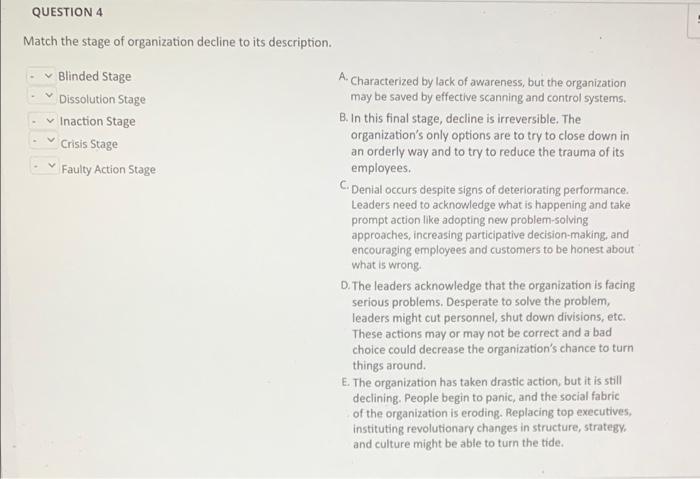 QUESTION 1 Match Cameron and Quinn's stages of