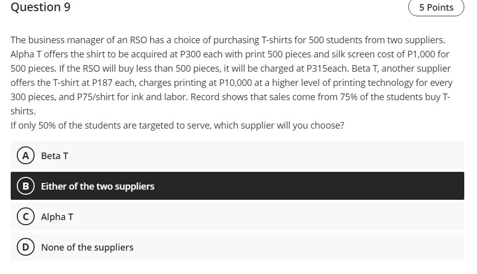 Question 9 5 Points The business manager of an