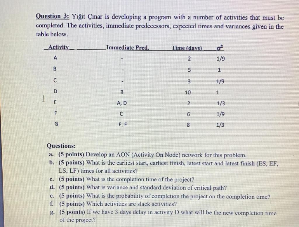 Question 3: Yiit inar is developing a program