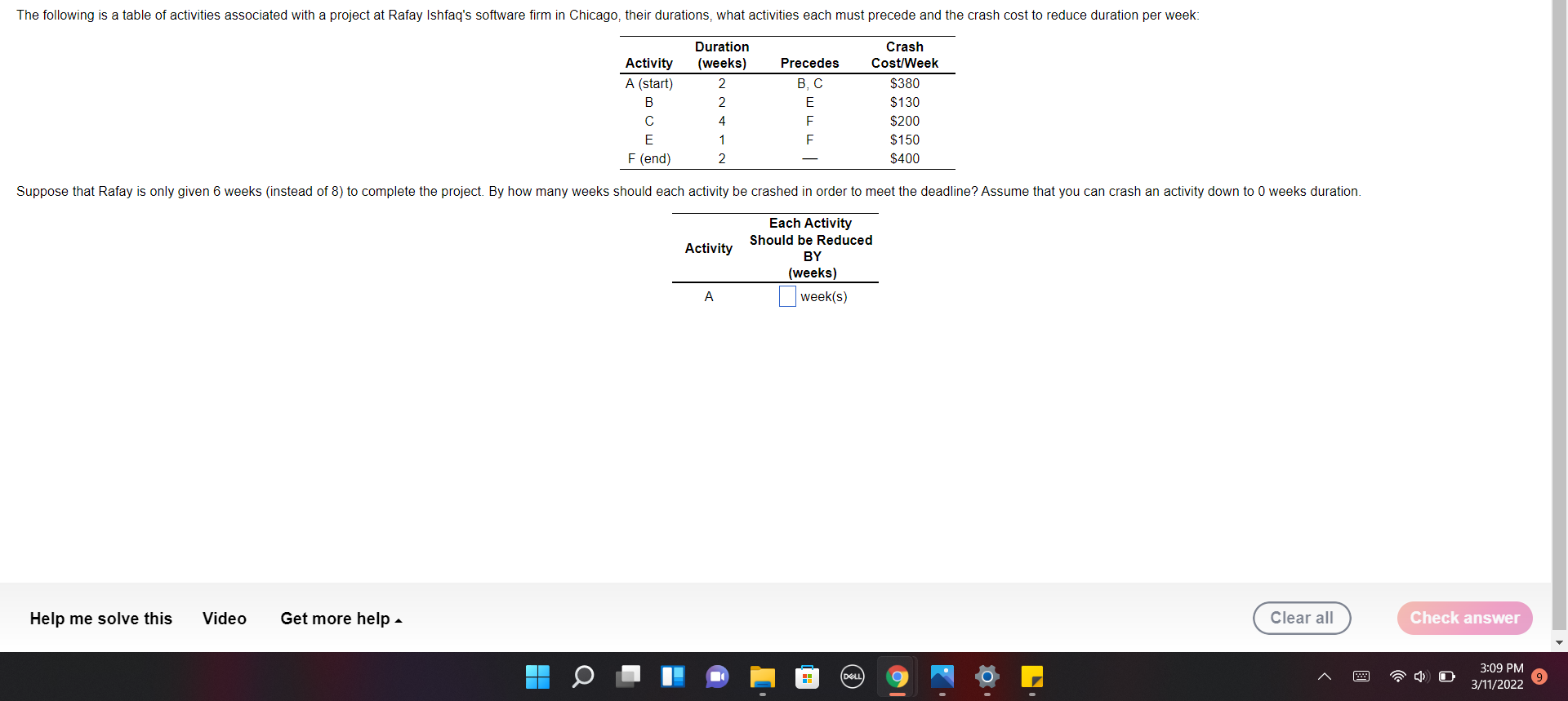 Please compute by how many weeks activities A, B,