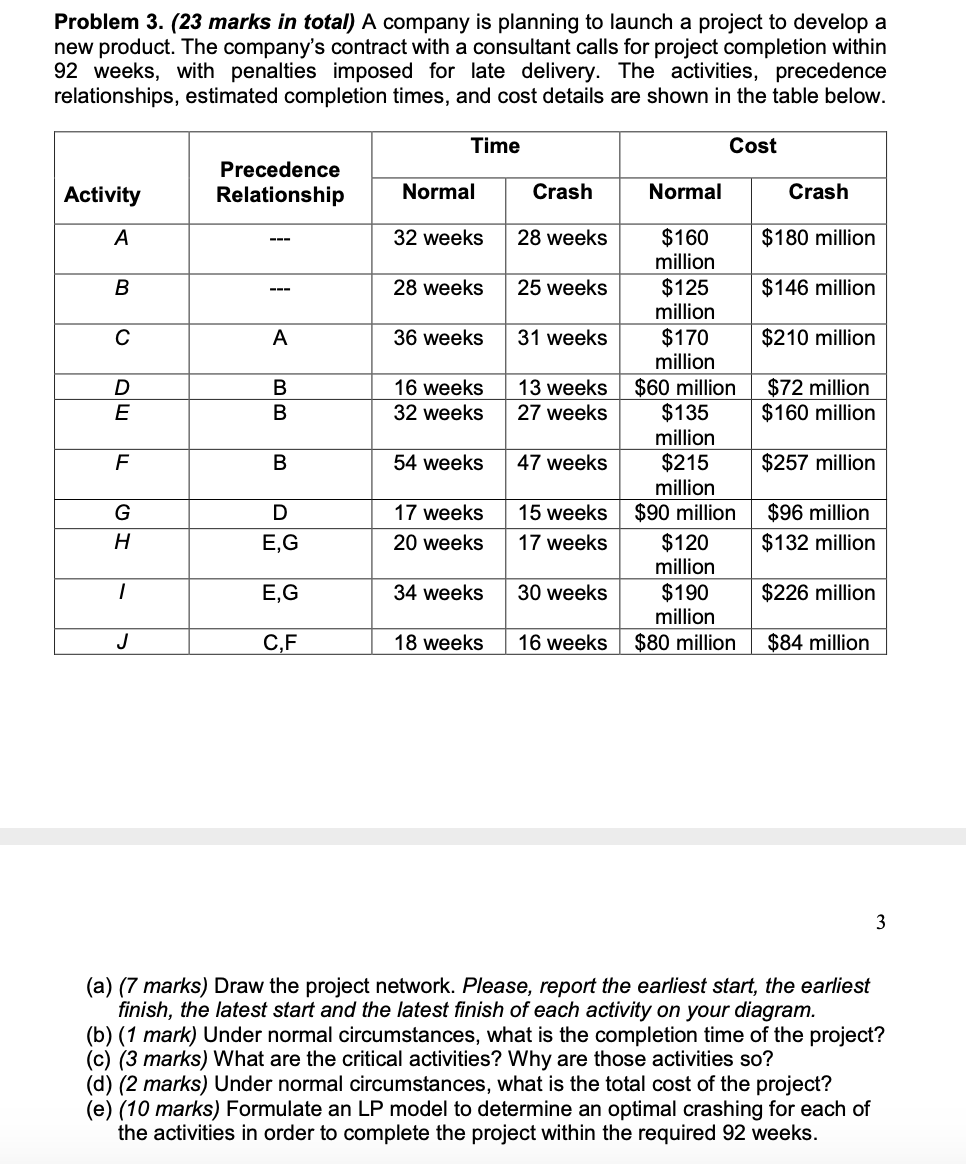 Problem 3. (23 marks in total) A company is