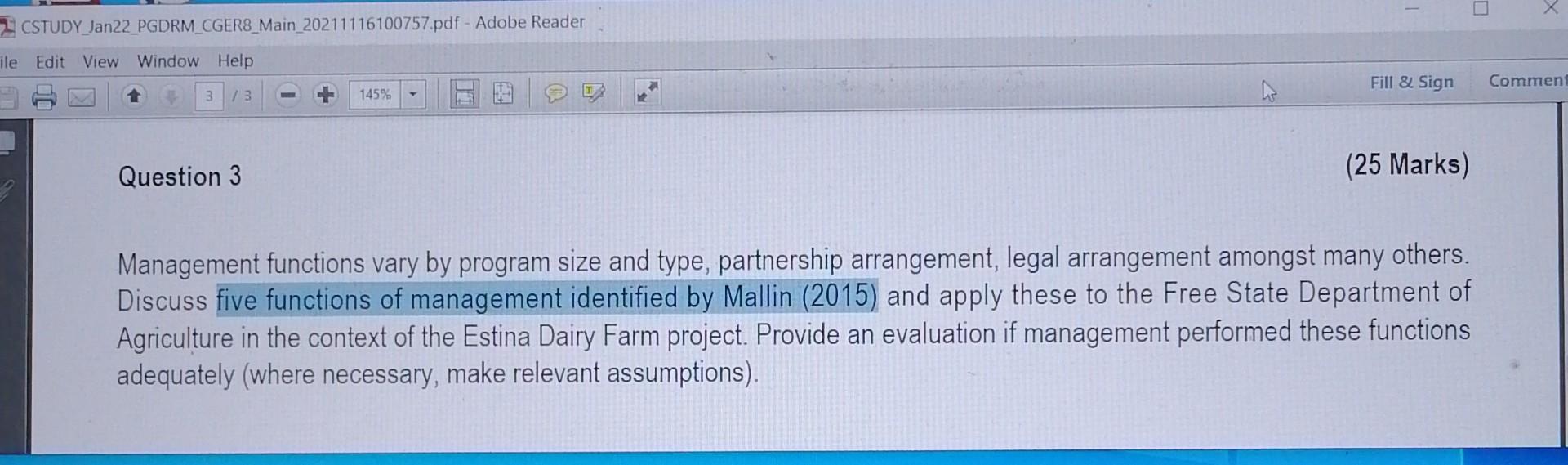 Question 3 (25 Marks) Management functions vary