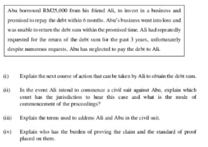 Abu borrowed RM25,000 from his friend Ali, to