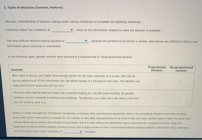 2. Types of decisions (Connect, Perform) Use your