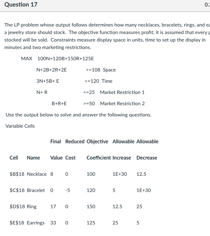 Question 17 0.3 The LP problem whose output