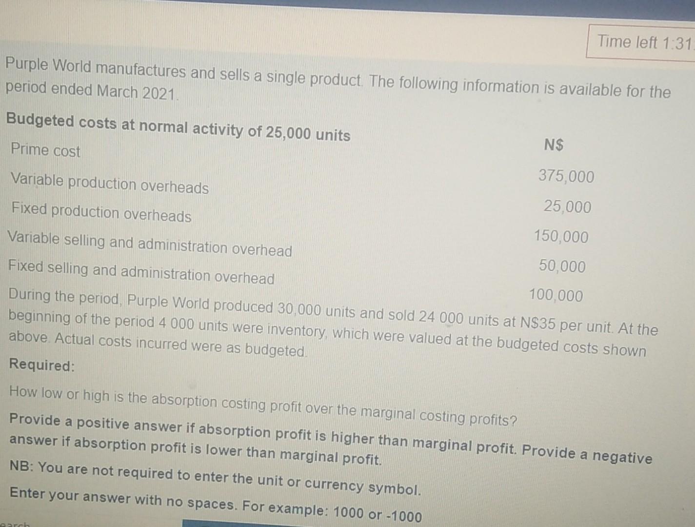 Time left 1:31. Purple World manufactures and