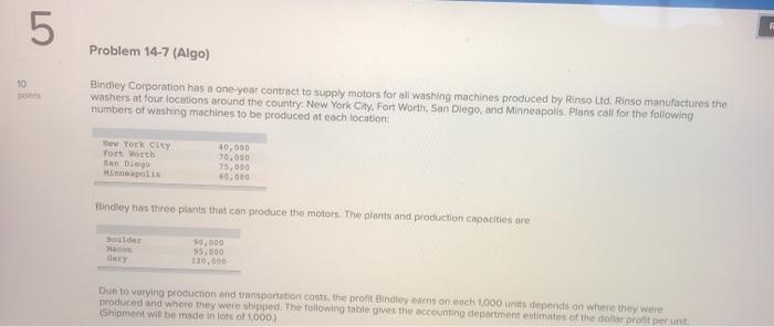 5 10 Problem 14-7 (Algo) Bindley Corporation has