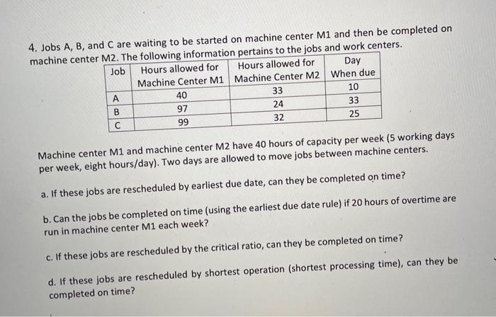 4. Jobs A,B, and C are waiting to be started on