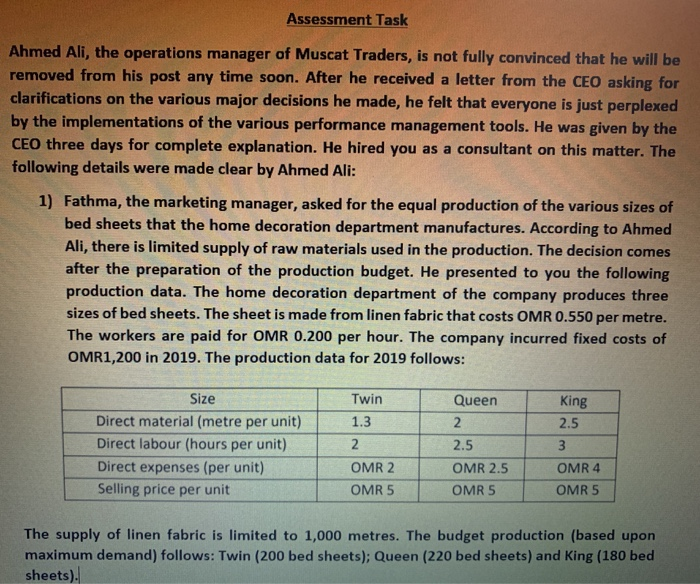 Assessment Task Ahmed Ali, the operations manager