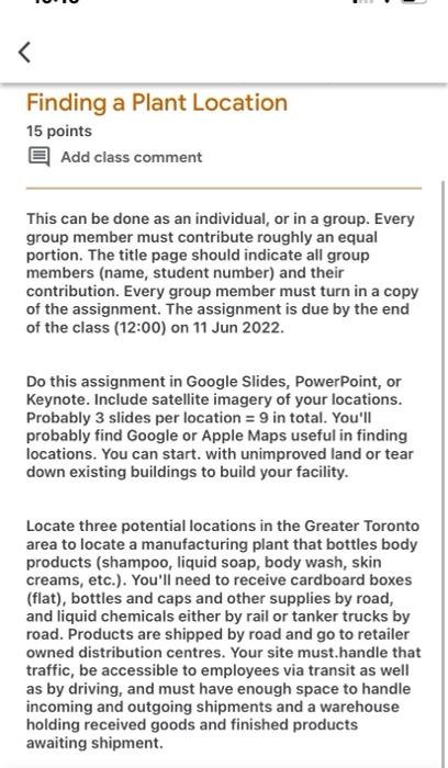 Finding a Plant Location 15 points Add class