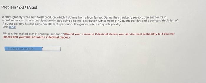 Problem 12-37 (Algo) A small grocery store sells