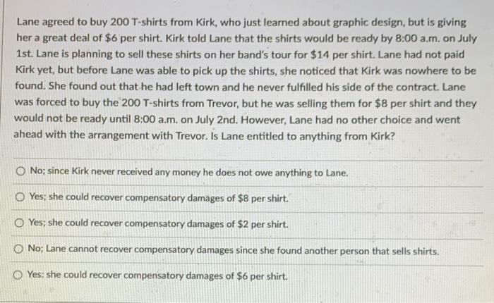 Lane agreed to buy 200 T-shirts from Kirk, who