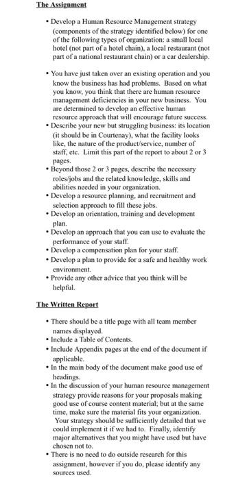 plan The Assignment Develop a Human Resource