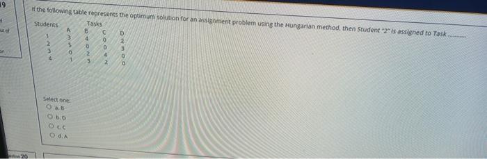 19 If the following table represents the optimum