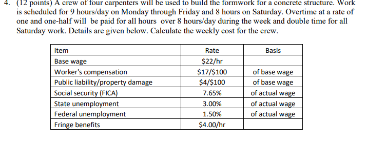 4. (12 points) A crew of four carpenters will be