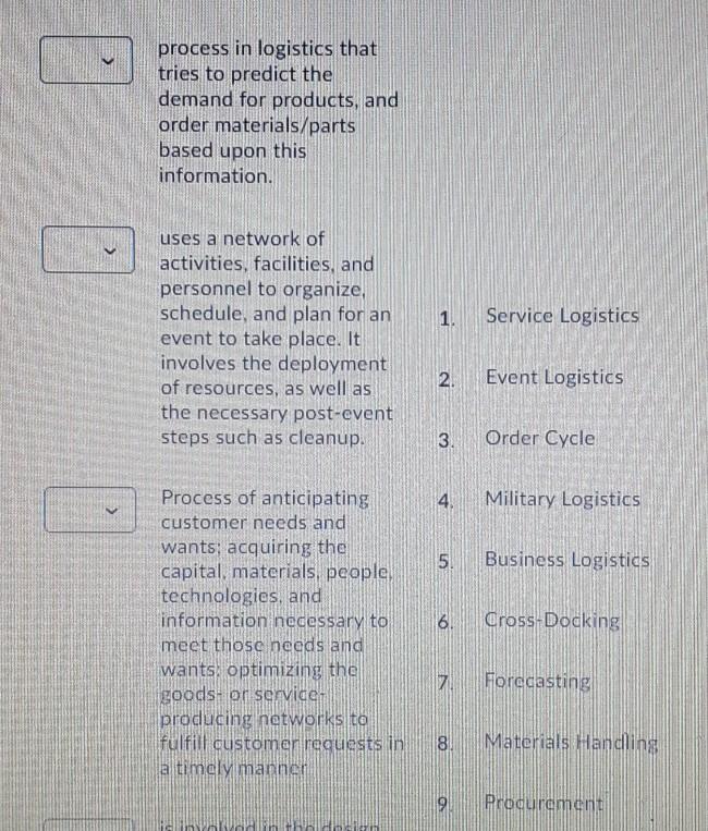 match the following logistics definitions and
