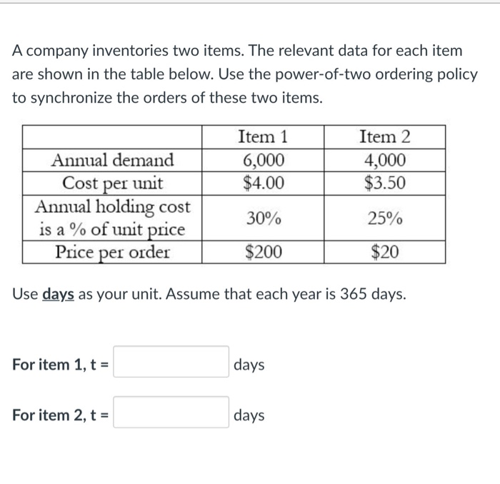 A company inventories two items. The relevant