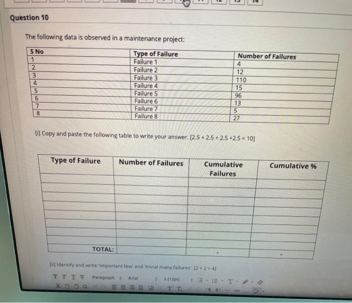 i need answer Question 10 The following data is