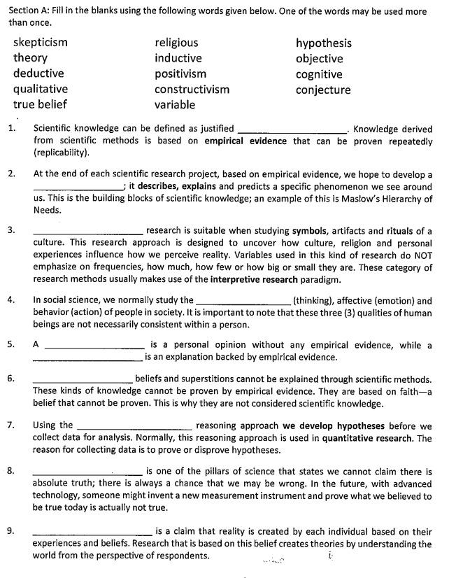 Section A: Fill in the blanks using the following