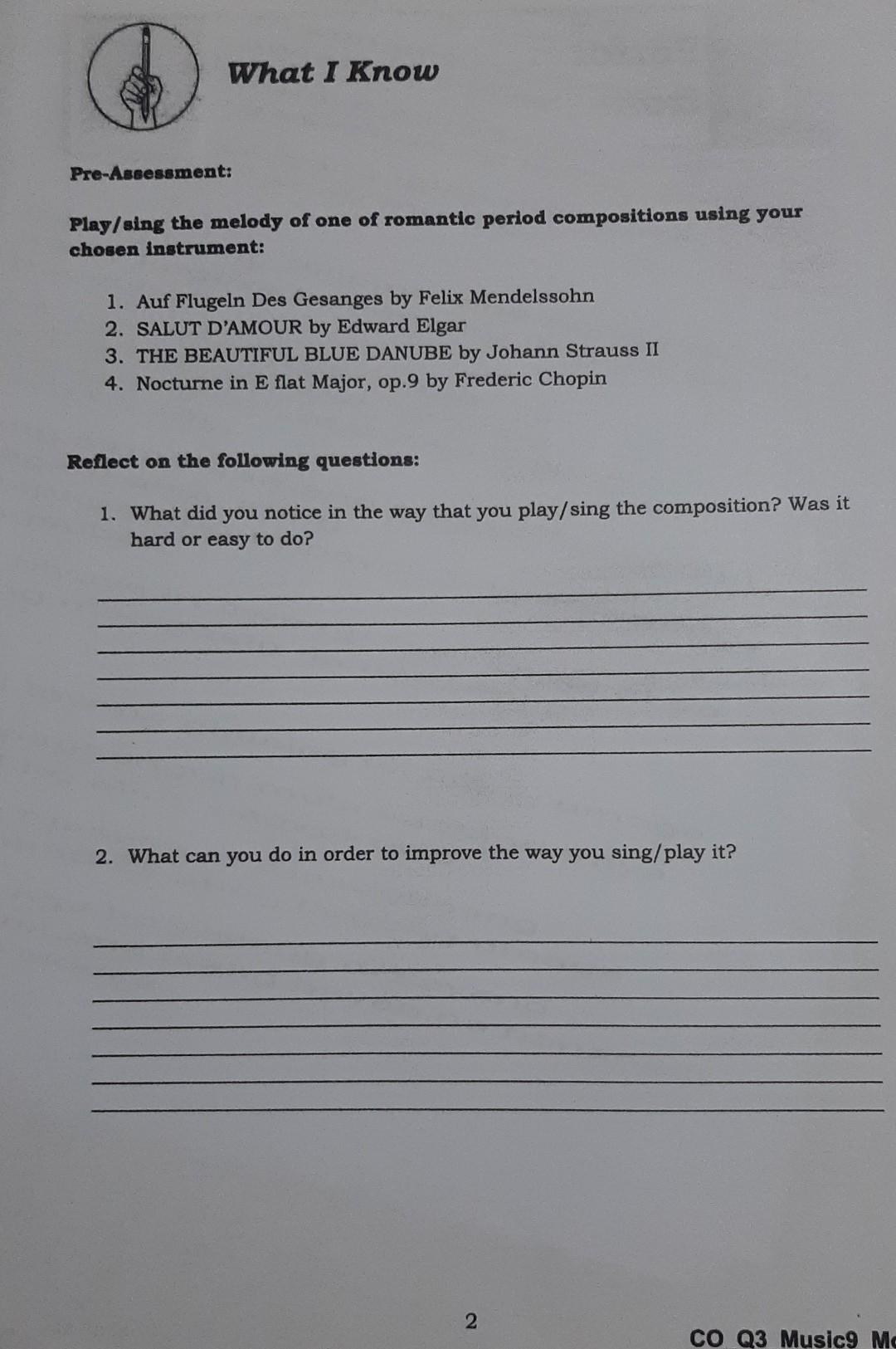 music What I Know Pre-Assessment: Play/sing the