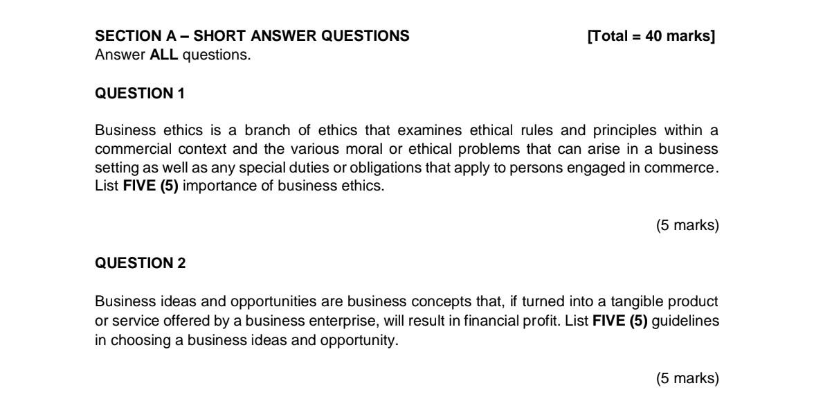 Entrepreneurship : please answer question 1 and 2