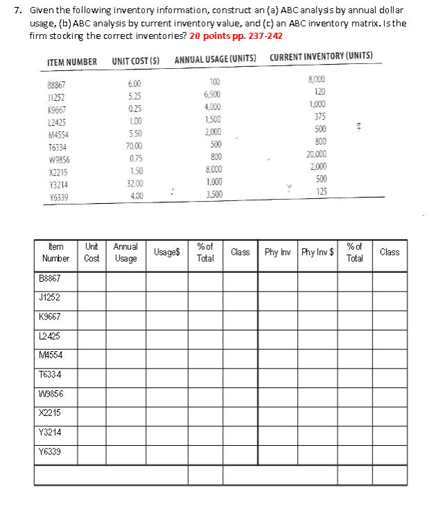 Solve the following problems: Show all work on